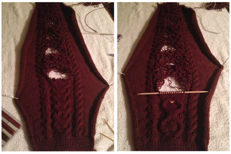 Left photo shows ripping out in progress | Right photo shows progress of knitting back up